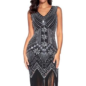 Black 1920s Sequined Vintage Dress Gatsby Flapper